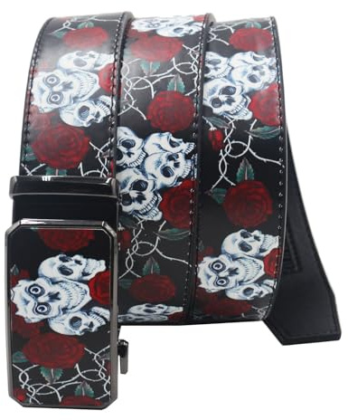 AGUTALITHIC Herren Gürtel Ratsche Automatik Ledergürtel Halloween Schädel Totenkopf & Rosenblüte Graffiti-Muster Dekoration Mit Gürtelschnalle Western Automatikschließe(110cm/43, Black)