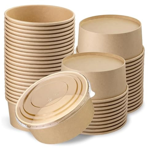 CaterCo Disposable Kraft Salad Containers with Lids (750ml - 50 Sets) - Food Bowls for Hot/Cold Use for Takeaway, Round Leakproof Kraft Paper Container, Microwavable, Eco-Friendly (750ml - 50 Sets)
