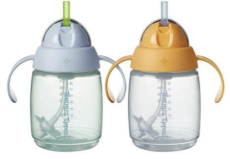 Tommee Tippee Trainer Straw Cup, 240ml, Easy Transition Toddler Cup for 6 Months+, with Silicone Weighted Straw and Easy-Hold Handles, Blue and Orange, 2 pack