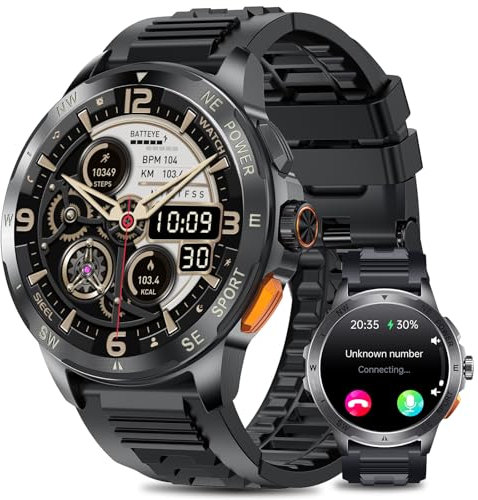 Smartwatch Herren, 1,43 AMOLED Display Fitnessuhr mit Bluetooth Telefonfunktion, 24/7 Herzfrequenzmessung, SpO2-Monitor, 100+ Sportmodi, IP68 wasserdicht, Schlafanalyse, kompatibel mit Android & iOS