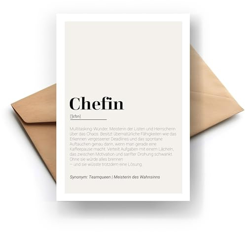 Chefin Definition Klappkarte – Witzige Karte für die Chefin | Hochwertige Glückwunschkarte | Originelle Geschenkidee | Handmade | 300g Papier | Grusskarte Inkl. Umschlag