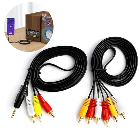 Cable de 3 RCA Macho & Cable AV de 3,5 mm a RCA, Juego de 2 Cables AV, Cable de Audio y Vídeo, Conectores Chapados en Oro, Compatible con TV, DVD, VCR, Cine en Casa, Consolas 1.5 m
