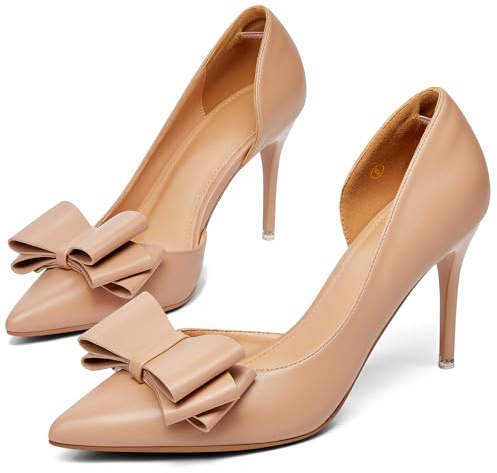 Womens Bow Heels Closed Pointed Toe Dress Shoes Stiletto Slip on Wedding Pumps
