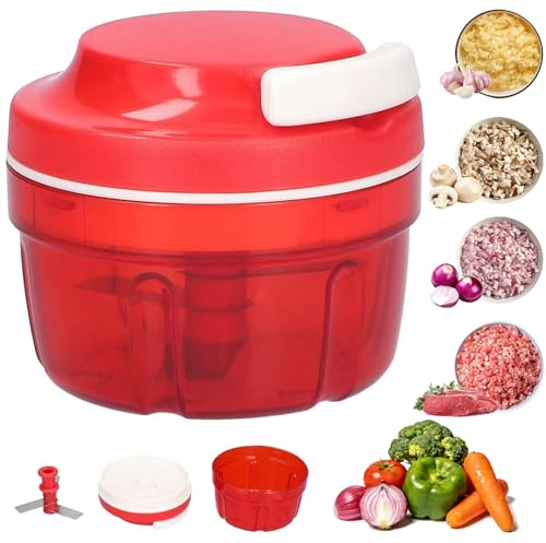 Raheem Zwiebelschneider Manuell mit Seilzug Gemüse Zwiebel Zerkleinerer Haushalt Kordelzug Design für Chili/Zwiebeln/Gemüse/Nüsse/Obst/Paprika/Fleisch/Knoblauch/Püree-Lebensmittel (Rot)