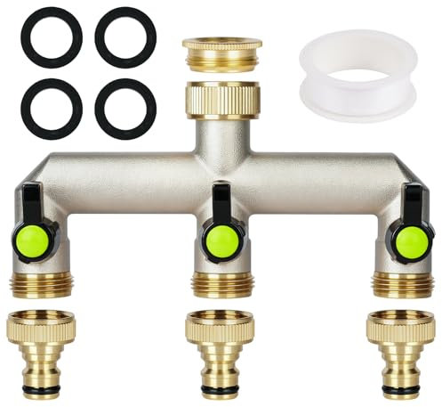 flintronic Sdoppiatore Rubinetto Giardino, Splitter da a 3 Vie Irrigazione, con Valvola Indipendente, Rubinetto del Giardino di Collegamento per 3 Dispositivi, 3/4 per Impianti di Irrigazione
