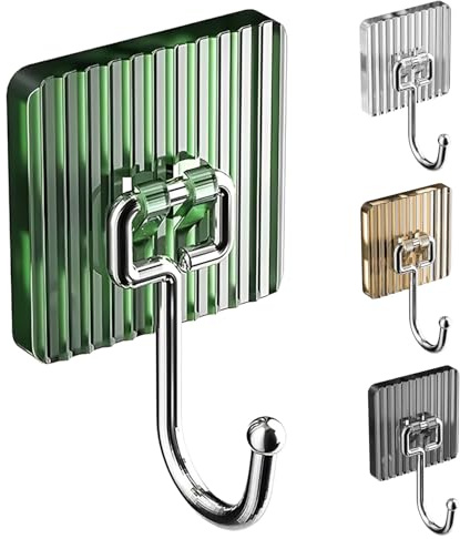 4-Pack Self Adhesive Hooks, No Drill Peel & Stick On Hooks for Walls - Strong Hold for Kitchen, Bathroom, Bedroom, and Entryway for Tile, Glass, Metal & Wood Surfaces - Transparent, Gold, Green, Grey
