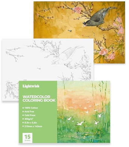 Lightwish Aquarell-Malbuch für Erwachsene & Anfänger, 100% Baumwolle 300 g/m²/140 lb säurefreies Kaltpress-Papier, 21 x 14 cm, 15 Blätter, Vogel-Thema