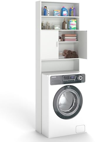Amveya Meuble Machine à Laver, Meuble Toilettes WC Rangement, Etagere Machine a Laver avec Porte d'armoire, Etagere WC Rangement avec 2 Niveaux d'espace Ouvert