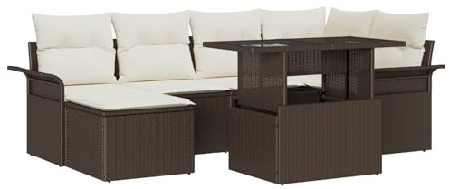 IBUQDDV 7-teiliges Garten Sofa Set mit Kissen in Braun und Weiß – Modulares Ecksofa aus Poly Rattan mit Glas-Tisch und wetterfesten Polstern für Terrasse und Balkon