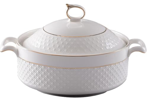 Sopera de cerámica, cuencos blancos de 1, 5 l con borde dorado, sopera de doble asa con tapa y cucharón para pasta, para cocina