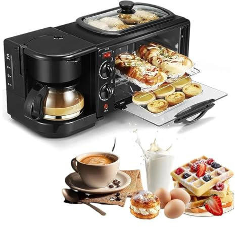 Stazione Colazione Elettrica 3 in 1, Macchina per la Colazione Multifunzionale con Pentola da 1,2 L, Area di Cottura da 9 L e Macchina per il Caffè, Controllo Indipendente per Cucinotti