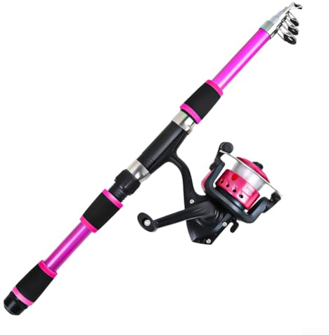Canna da pesca telescopica portatile con mulinello, leggera, in fibra di vetro, design compatto, lunghezza 1,8 m, manico in EVA, disponibile in diversi colori (1,8 m, rosa)