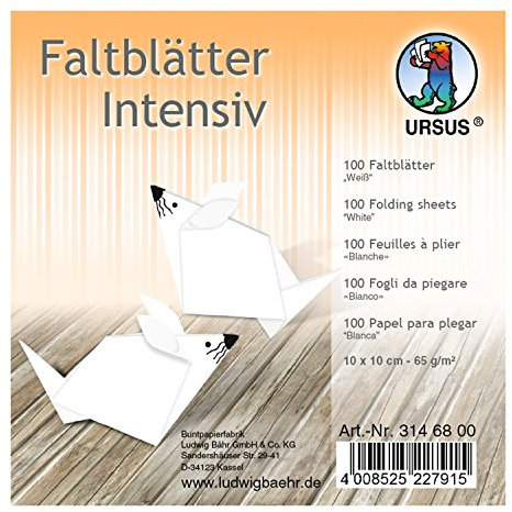 Ursus 3146800 - Faltblätter Uni intensiv, weiß, ca. 10 x 10 cm, 65 g/qm, 100 Blatt, aus Plakatpapier, durchgefärbt, für kleine und große Origami Künstler, ideal für vielseitige Bastelarbeiten