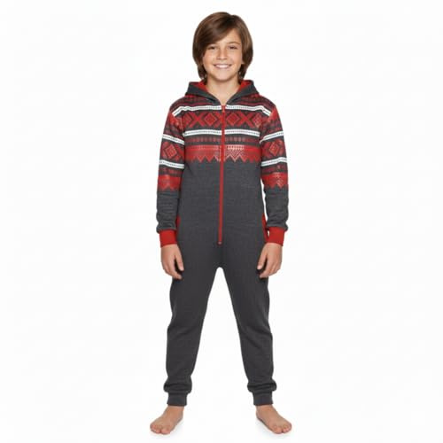 A2Z 4 Kids Girls And Boys Fleece Onesie - Aztec Onesie 001 Charcoal & Red 11-12