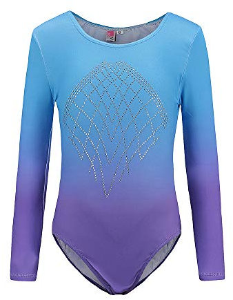 Sinoem Gymnastikanzug für Mädchen, Farbverlauf, mehrfarbig, langärmlig, Leotard, Tanz, Ballett, für Kinder, 5 – 12 Jahre (6 – (5 – 6 Jahre), Blau + Violett)