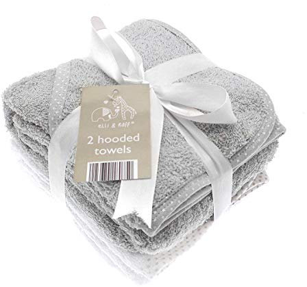Pack of 2 white and Grey Elli and Raff Baby Hooded Bath Time Towel 100% Cotton Baby Gift
