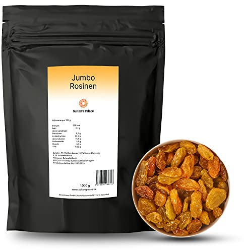 Sultan’s Palace Gelbe Jumbo Rosinen – 1000g– Beste Premium Qualität – Helle Weinbeeren – Müsli Früchte, für Porridge Ohne Zucker – Getrocknete Früchte und Beeren (Vegan)