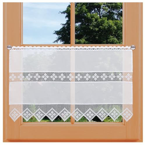 Feenhaus-Scheibengardine Lydia Vogtländische Spitze in weiß | Landhaus-Spitzengardine in geometrischer Häkelmusteroptik | fein gestickter Scheibenhänger mit Blumenmuster Höhe x Breite 47 x 119 cm