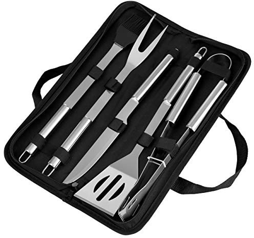 GWHOLE Kits de Barbacoa 5 piezas Utensilios para BBQ de Acero Inoxidable, Barbacoa Espátulas Pinza Cepillos de silicona Tenedor Kit de Herramientas con Bolsa Portátil