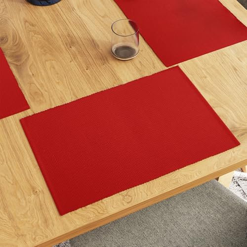 Encasa XO Platzsets Esstisch Set von 6 | Solid Red | Fein gerippte Baumwoll-Tischunterlage | Größe 48x32 cm | Maschinenwaschbar