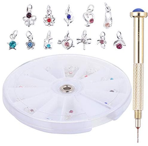 FRCOLOR 24Pcs Nail Jewelry Rings with Manual Nail Art Punch Tool Dangle Nail Art Charms Rhinestone Crystal 3D Nail Art Gems DIY Phone Case Tips