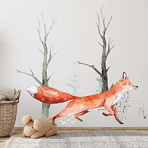 WANDKIND Fuchs im Wald Wandtattoo V243 | handgezeichnet | AUFKLEBER Babyzimmer | Wandaufkleber Kinderzimmer Bäume (50 x 50 cm)