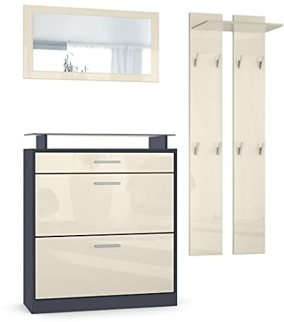 Vladon Garderoben-Set Loret Mini, Schuhschrank 89 x 104 x 23 cm für bis zu 16 Paar Schuhe inkl. Spiegel, 2 Wandpaneele, Anthrazit matt & Creme Hochglanz