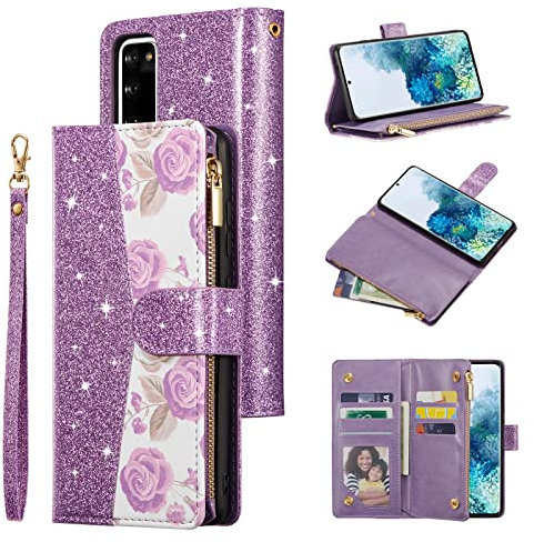 UEEBAI Handyhülle für Samsung Galaxy S20 FE 5G, Reißverschluss Hülle PU Leder Weiche Klapphülle Magnetverschluss Kartenfach Standfunktion Geldbörse Trageband Schutzhülle - Bling Lila