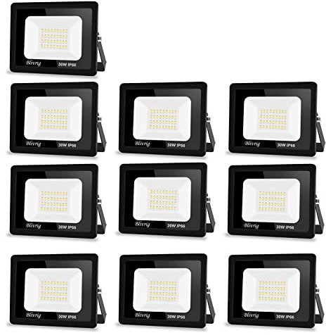 Blivrig 10PCS Foco LED Exterior 30W 3000LM, Luces LED Exterior Blanco Cálido 3000K, Foco Proyector LED, Luz de Seguridad Impermeable IP66, Proyector LED Exterior para Jardín,Patio,Parque, Garaje