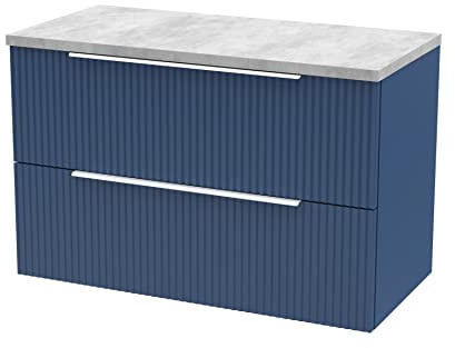 Hudson Reed DFF395LBG Fluted Modern Bathroom Wall Hung 2 Drawer Vanity Unit with Bellato Grey Laminate Worktop, 800mm, Satin Blue