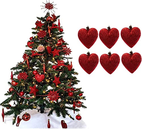 UKDeals Direct® RED COLLECTION CHRISTMAS DROPLET BAUBLES TREE DECORATIONS GLITTER MATT ICICLES (Pack of 6 Heart - 8cm)