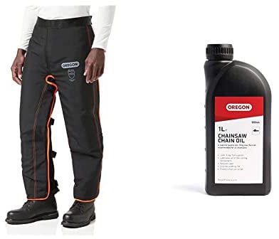 Oregon Chaps with Protective Chainsaw Apron, Adjustable Chainsaw Chaps, One Size Fits All, PPE Clothing Safety Trousers, Black, Type A Chainsaw Chain and Guide Bar Oil, 1 Litre Bottle (90844)