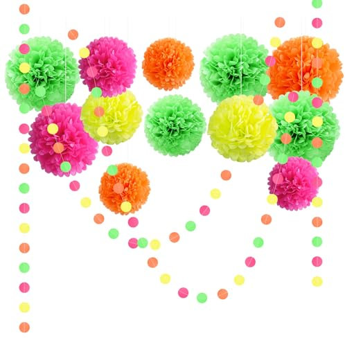 NICROLANDEE Seidenpapier Pompons Schwarzlicht Party Deko 15 Stück, Neon Tissue Papier Pom Poms und Dots Papier Girlande, Party Dekorationen für Hochzeit, Abschlussball, Geburtstag, Gartenparty deko