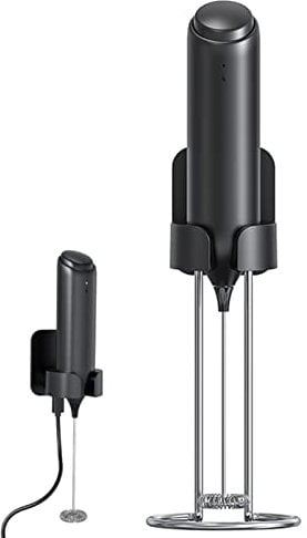 IraXpro Milk Frother Electric Handheld Rechargeable,with USB Charging Stand,Coffee Frother,Electric Whisk,for Milk,Coffee,Hot Chocolate,Cream (Black-Rechargeable)