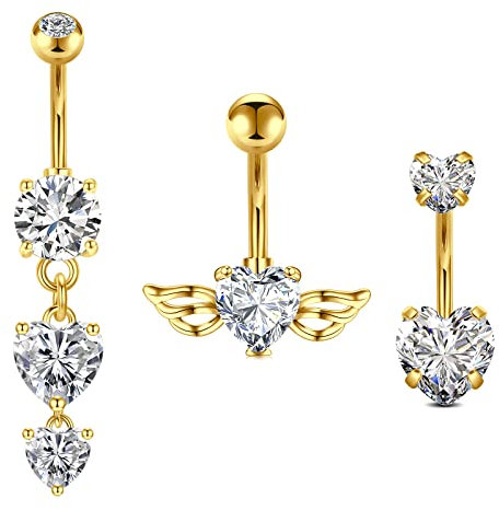 AVYRING 14G Herz Bauchnabelpiercing Anhänger Chirurgenstahl Piercing Bauchnabel Stab 10MM für Damen Flügel Belly Ring Gold