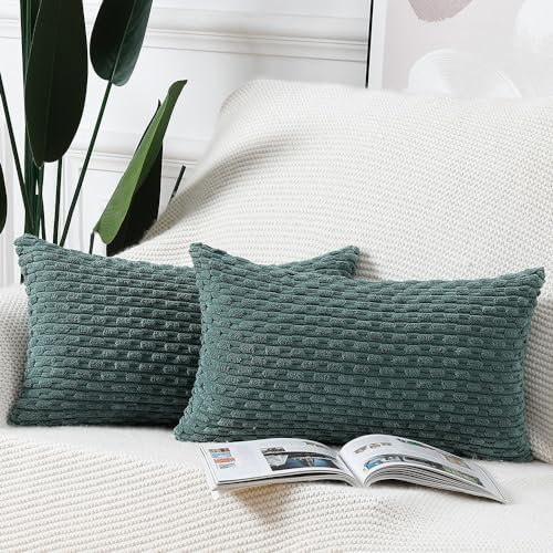 Madizz 2er Set Boho Gestreifte Kissenbezüge Weicher Kord Dekorativer Kissenbezug für Schlafzimmer Sofa Kissenhülle Dunkelgrün 30 x 50 cm