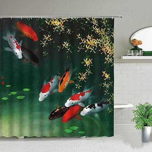 ENFETE Rideau de Douche 3D Poisson Rouge Rideaux de Douche Étangs à Poissons Imperméable Anti Moisissure Rideau Salle de Bain Décor pour Baignoire Rideau Douche 120 x 200 cm, 8 Crochets