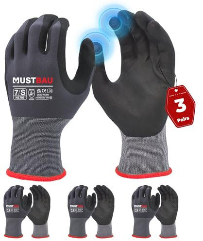 Mustbau Arbeitshandschuhe Schwarz mit Touchscreen, Arbeitshandschuhe Herren mit Nitril Beschichtung für Montagearbeit，Mechaniker, Gartenarbeit und Bauarbeiten, Gr. S, 3 Paare