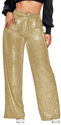 Damen Pailletten Hose Sexy Metallic Glitzer Weite Bein Hose Glitzer Hohe Taille Glocke Unterteil Ausgestellte Hose Bequeme Palazzo Hose Yogahose Vintage Fashion Bling Disco Party Pants