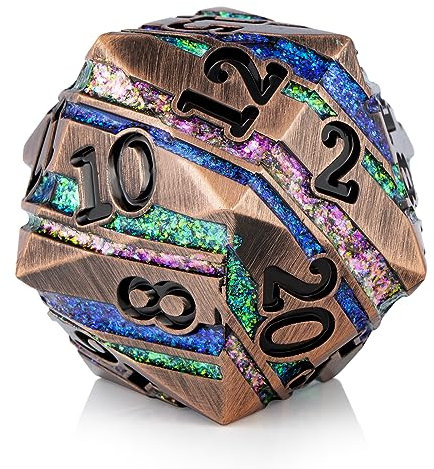 D20 D&D Dice DNDND - Fustella metallica grande da 33 mm su 20 lati, con splendida confezione regalo per Dungeons and Dragons (strisce colorate)