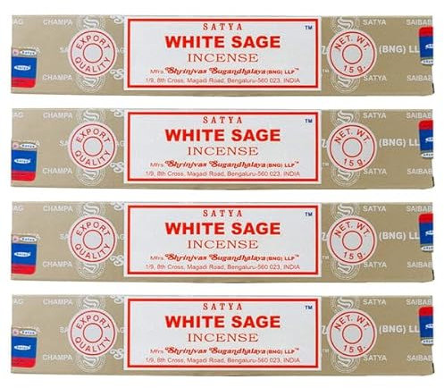 Satya Lot de 4 paquets de bâtons d'encens Sauge Blanche 15 g | Pour la méditation, le yoga, la guérison, l'aromathérapie, la relxation, la spiritualité |
