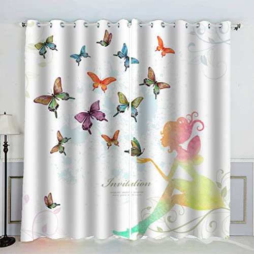AKATIE Schmetterling Prinzessin Gardinen Kinderzimmer 3D Drucken Fenstervorhang Moderne Kunst Vorhänge Abdunkelnd Blickdichte Schallschutz Gardinen mit Ösen 2er-Pack (140x160 cm)