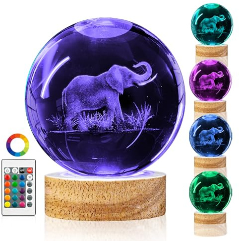 3D-Elefanten-Kristallkugel-Nachtlicht, Elefanten-Geschenke für Frauen, verbesserte 8,9 cm große Elefanten-Glaskugel-Lampe mit 16 Farben und Fernbedienung, Elefantenfigur, Heimdekoration, Geburtstag