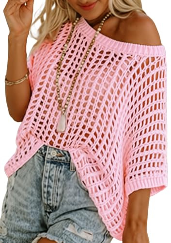 Dokotoo Womens Spring Summer Scoop Neck Short Sleeve Sweater Casual Crochet Hollow Out Knit Tops Work Business Pullover Shirts Beach Cover Ups for Women Pink Small