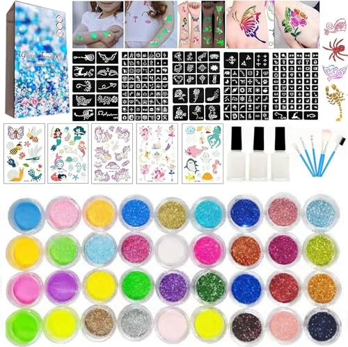 wxfhtda Temporary Glitter Tattoos for Children, 30 Large Colours with Glitter and 6 Fluorescent Colours, 187 Stencils, Nail Tattoos with Glitter that Glow in the Dark, Ideal