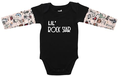 Pavilion - Lil' Rock Star - 12-24 M Black Bodysuit With New School Tattoo Sleeves Baby Boy Shower Gift Modern Baby Outfit Daddy Mommy Son Daughter Present