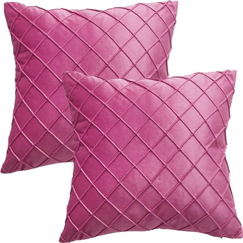 Decorative Velvet Plaid Couch Cushion Covers 45X45cm Set of 2, Rose Red | Soft Couch Throw Pillow Cases Modern Square Pillowcases for Home Sofa Bed Decor,No Filling,Invisible Zipper
