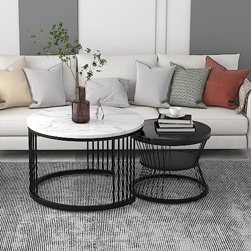 Merax Couchtisch 2er Set Beistelltisch schwarzer Rahmen Runder Tisch Wohnzimmer Sofatisch Rund Beistelltisch Weiss Rund Wohnzimmer Tisch Runder Couchtisch