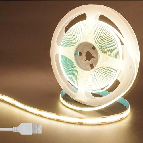 Clearhill 5V USB COB LED Strip Lights,9.84FT/3M,Natural White 4000K,320LEDs/M,8mm Width,Not Waterproof IP20,1M USB Cable,Flexible LED Tape Light for DIY Home Indoor Decoration