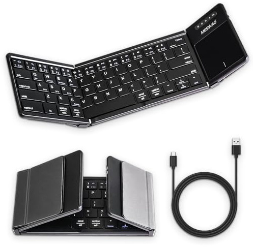 MESWAO Tastiera Bluetooth pieghevole con touchpad, tastiera pieghevole wireless con pelle PU (sincronizzazione fino a 3 dispositivi), tastiera portatile full-size per Android/Windows/iOS, nero, B077T